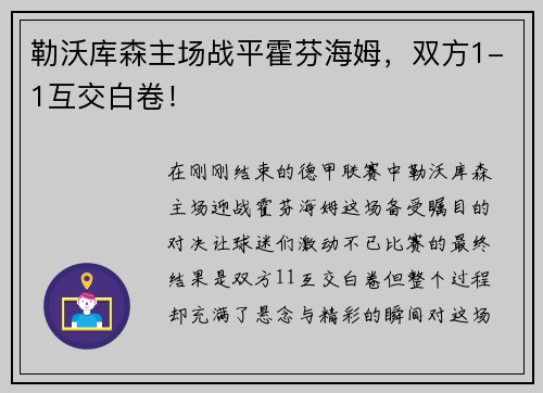 勒沃库森主场战平霍芬海姆,双方1-1互交白卷!